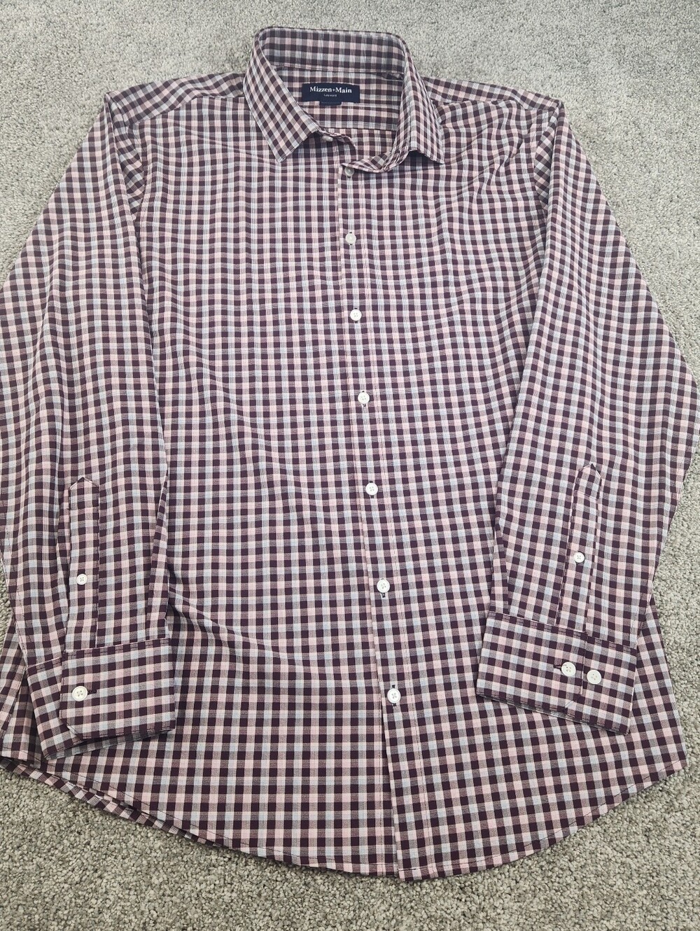 Mizzen Main Shirt Mens Size XL Burgundy Check Trim Fit Long Sleeve Leeward